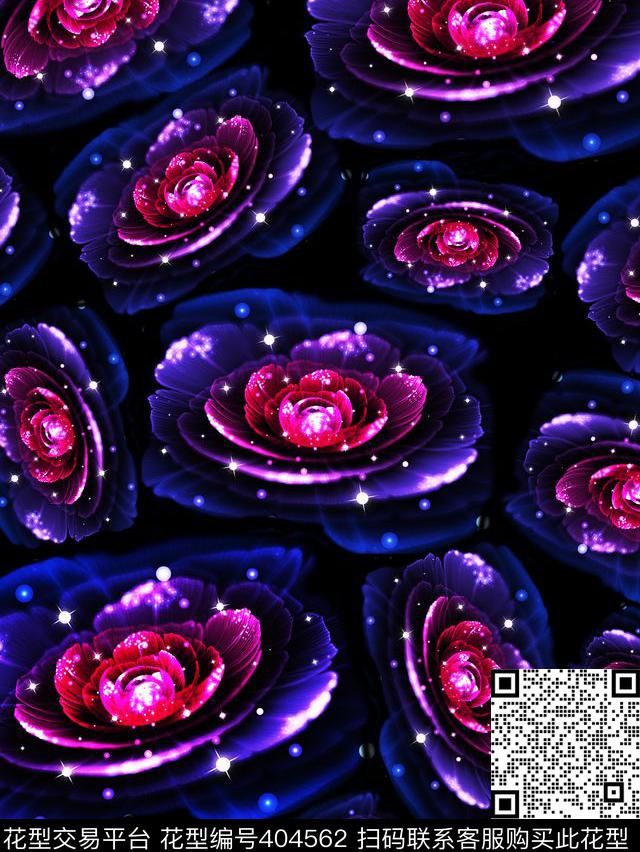 黑底花卉 - 404562 - 黑底大花 花卉 四方连续 - 数码印花花型 － 女装花型设计 － 瓦栏