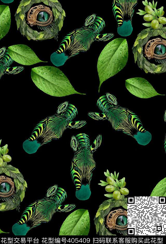 时尚潮流斑马花纹 - 405409 - 斑马 动物 绿叶 - 数码印花花型 － 男装花型设计 － 瓦栏