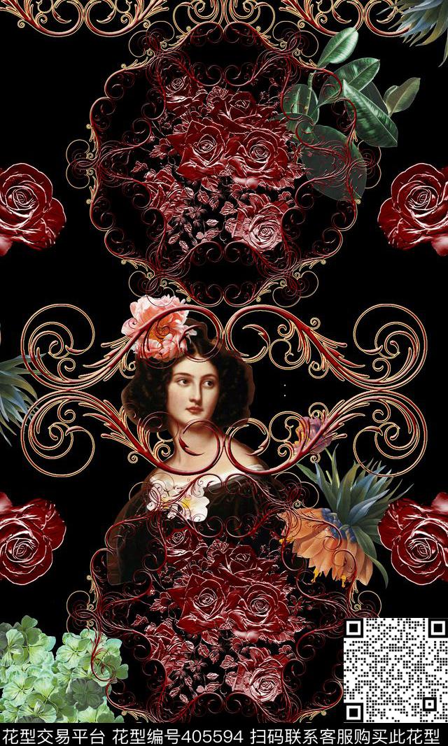 欧式大牌数码印花 - 405594 - 欧式 人物花卉 - 数码印花花型 － 女装花型设计 － 瓦栏