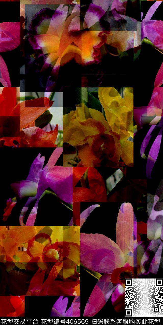 拼花花卉   丝绸   真丝 棉布 面料 画稿 花型 - 406569 - 花卉 花型 流行 时尚  新潮 数码 画稿 - 数码印花花型 － 女装花型设计 － 瓦栏