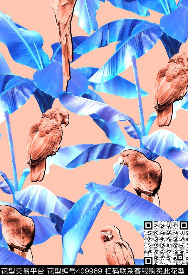 大牌芭蕉树与鹦鹉 - 409969 - 大牌 芭蕉树 鹦鹉 - 数码印花花型 － 女装花型设计 － 瓦栏