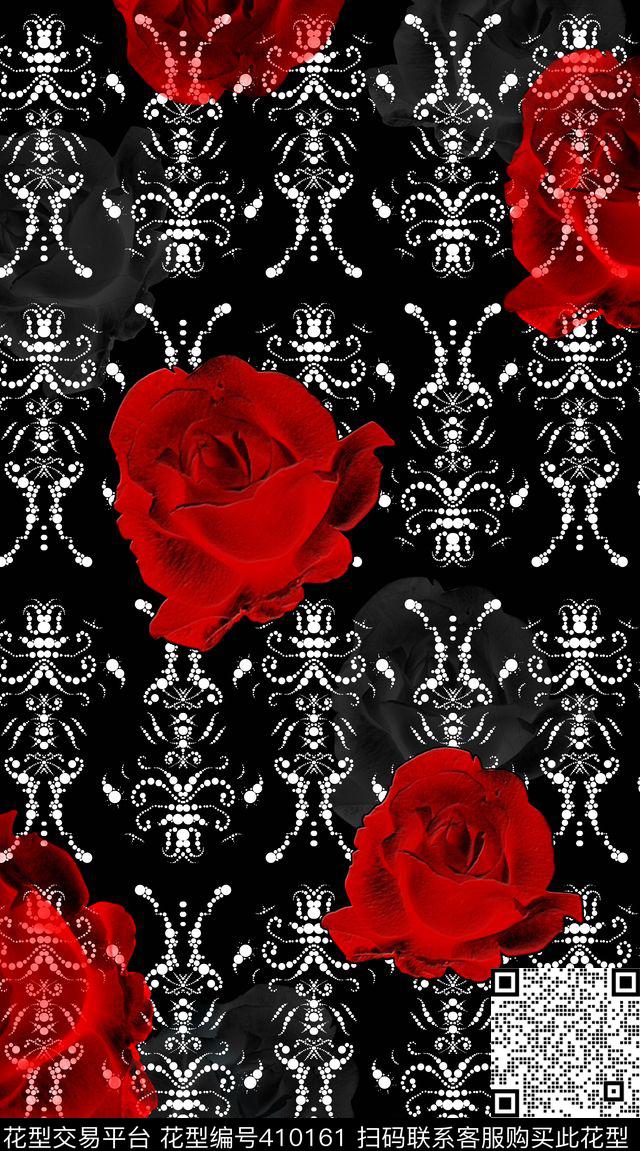 玫瑰 - 410161 - 花卉 时尚 玫瑰 - 数码印花花型 － 女装花型设计 － 瓦栏