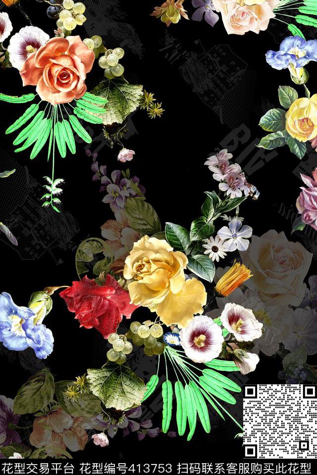手绘花卉植物字母 - 413753 - 手绘 花卉 植物 - 数码印花花型 － 女装花型设计 － 瓦栏