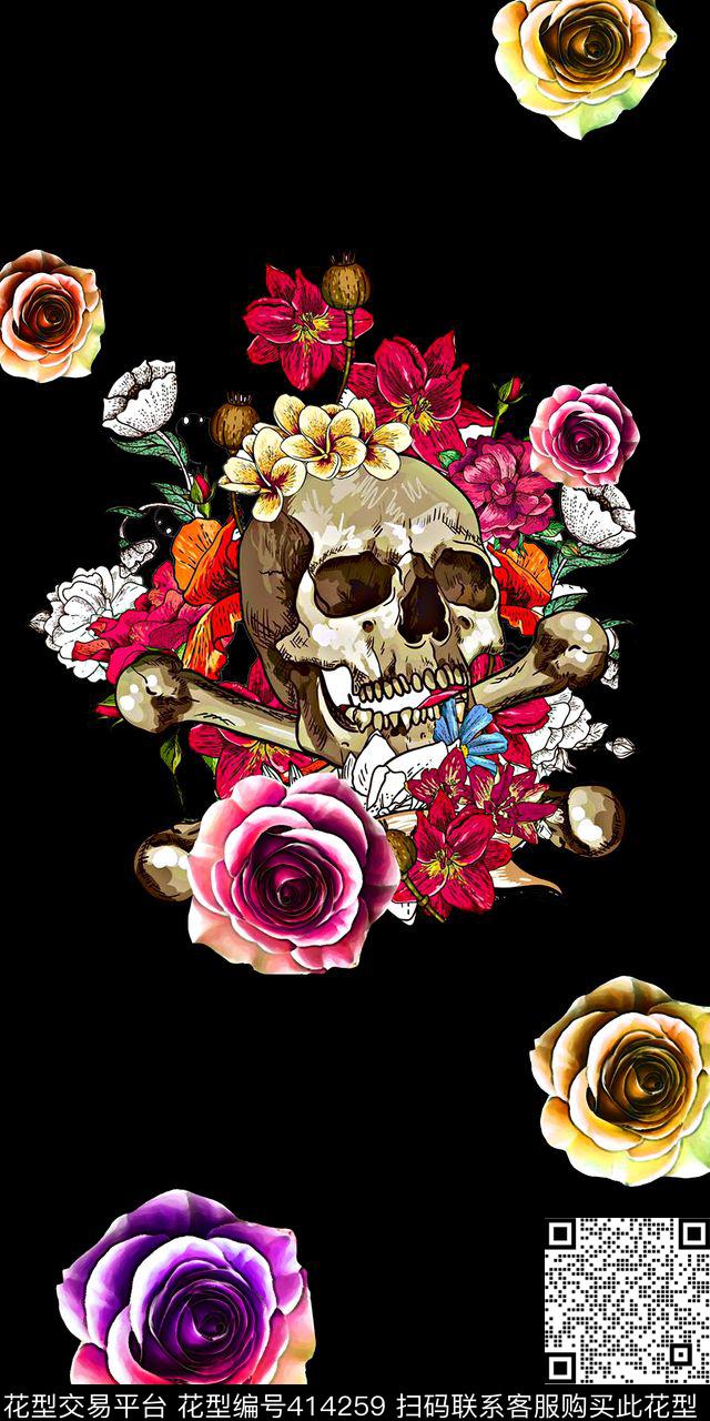 骷髅花 - 414259 - 骷髅 骷髅花 - 数码印花花型 － 女装花型设计 － 瓦栏