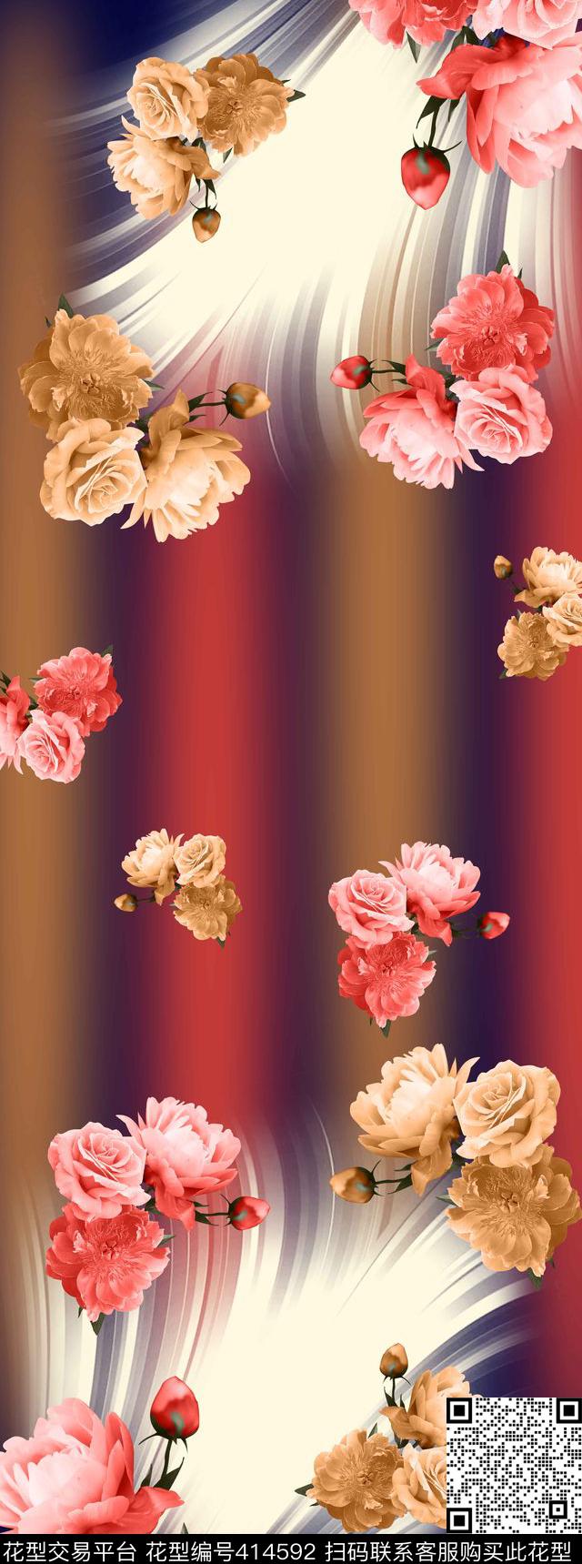 花的天空 - 414592 - 花卉 几何 花朵 - 传统印花花型 － 长巾花型设计 － 瓦栏