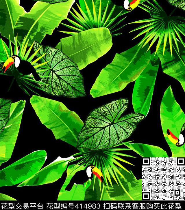 热带丛林 大嘴鸟  芭蕉叶 - 414983 - 男士度假休闲沙滩裤 棕榈叶 热带植物 - 数码印花花型 － 女装花型设计 － 瓦栏
