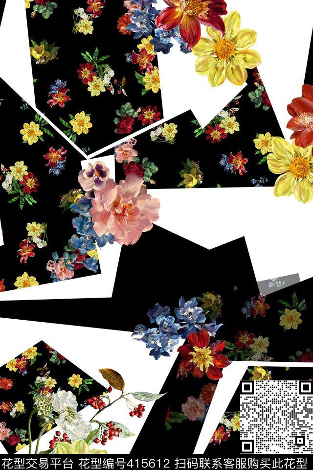 时尚错位拼接花卉 - 415612 - 错位几何拼接 油画花 高端女装 - 数码印花花型 － 女装花型设计 － 瓦栏