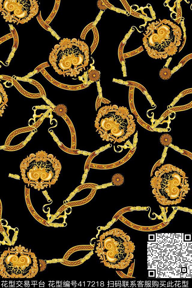 复古金质图案皮带链条 - 417218 - 复古金质图案 皮带链条 夹克休闲 - 数码印花花型 － 女装花型设计 － 瓦栏