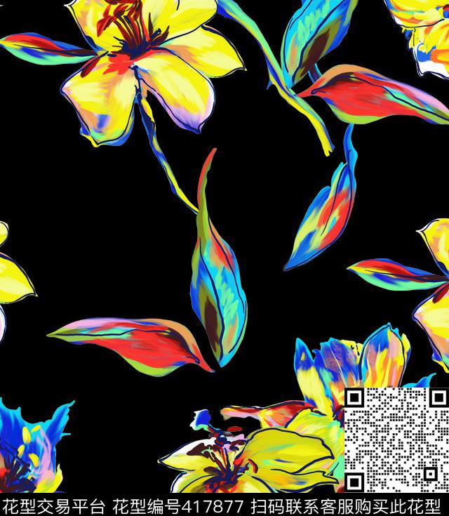 黄彩花无限循环 - 417877 - 黄彩花无限循环 - 传统印花花型 － 女装花型设计 － 瓦栏