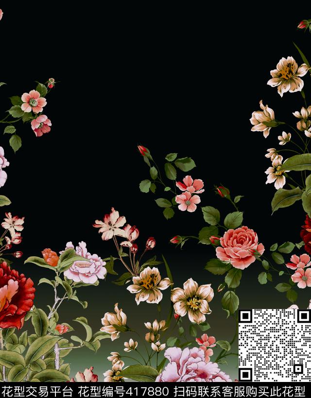 渐变底花卉循环 - 417880 - 渐变底花卉循环 - 数码印花花型 － 女装花型设计 － 瓦栏