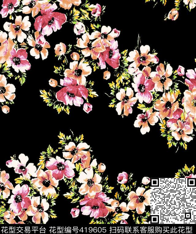 曲玫瑰 - 419605 - 曲玫瑰 玫瑰 花 - 传统印花花型 － 女装花型设计 － 瓦栏