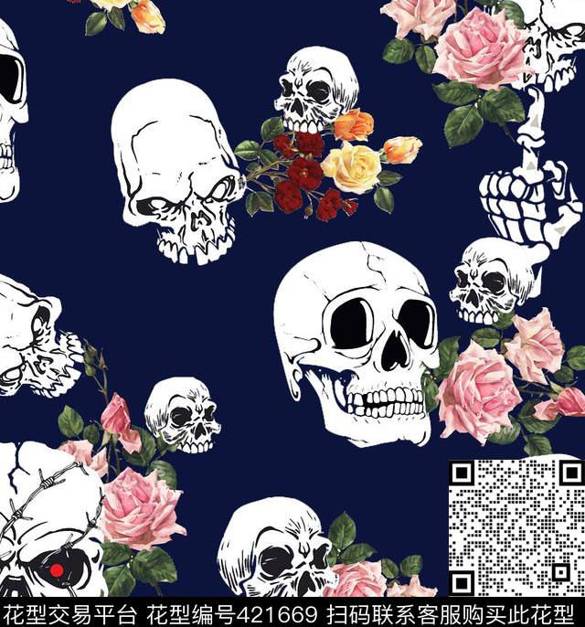 男装手绘玫瑰花骷髅头数码印花1 - 421669 - 男装 手绘 玫瑰花 - 数码印花花型 － 女装花型设计 － 瓦栏