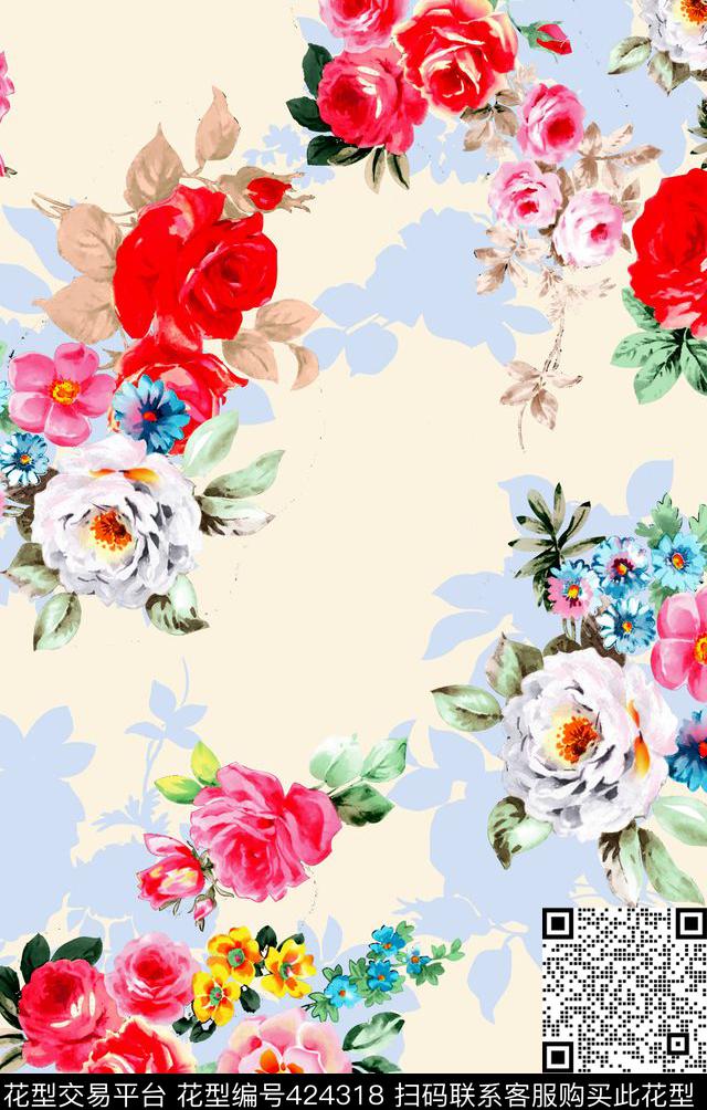 满版花卉设计 - 424318 - 田园风 花卉 叶子 花卉 - 传统印花花型 － 女装花型设计 － 瓦栏