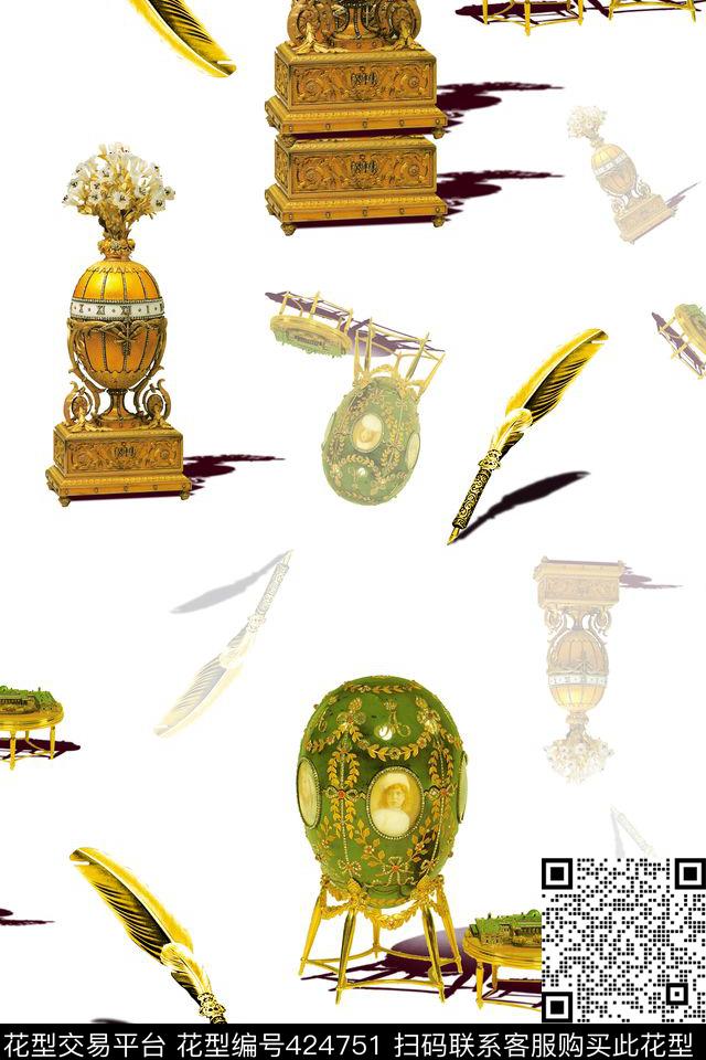宫廷奢侈品 - 424751 - 宫廷贵族 羽毛笔 奢侈品 - 数码印花花型 － 女装花型设计 － 瓦栏