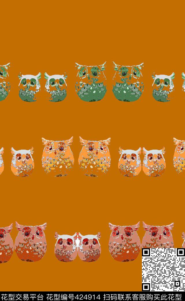 条纹艺象 - 424914 - 动物 多色 猫头鹰 - 数码印花花型 － 女装花型设计 － 瓦栏