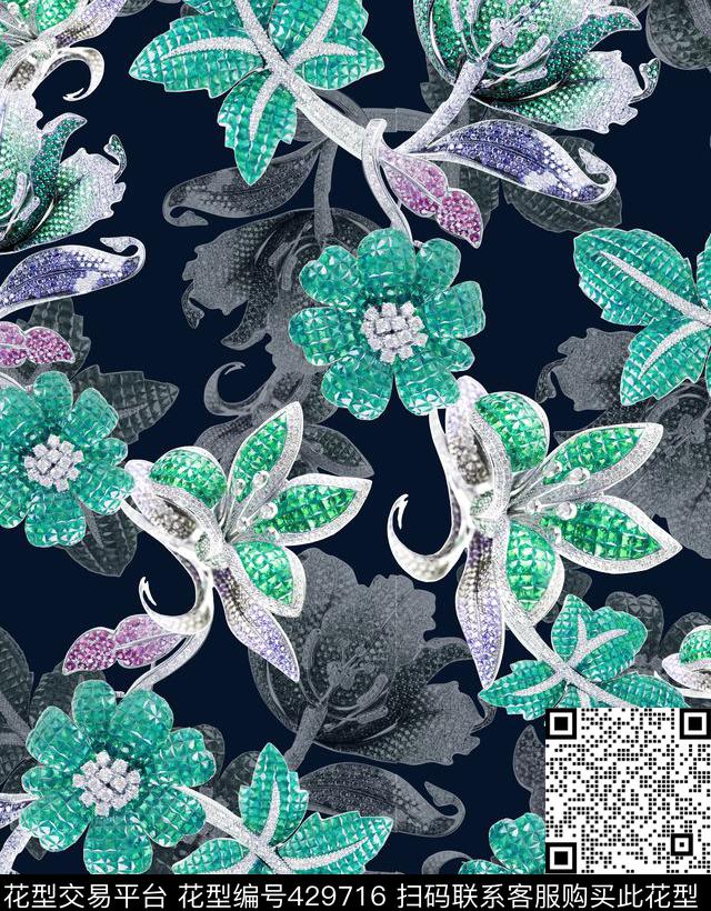 牛逼的珠宝花卉 - 429716 - 大牌 珠宝花卉 紫色魅惑 - 数码印花花型 － 女装花型设计 － 瓦栏