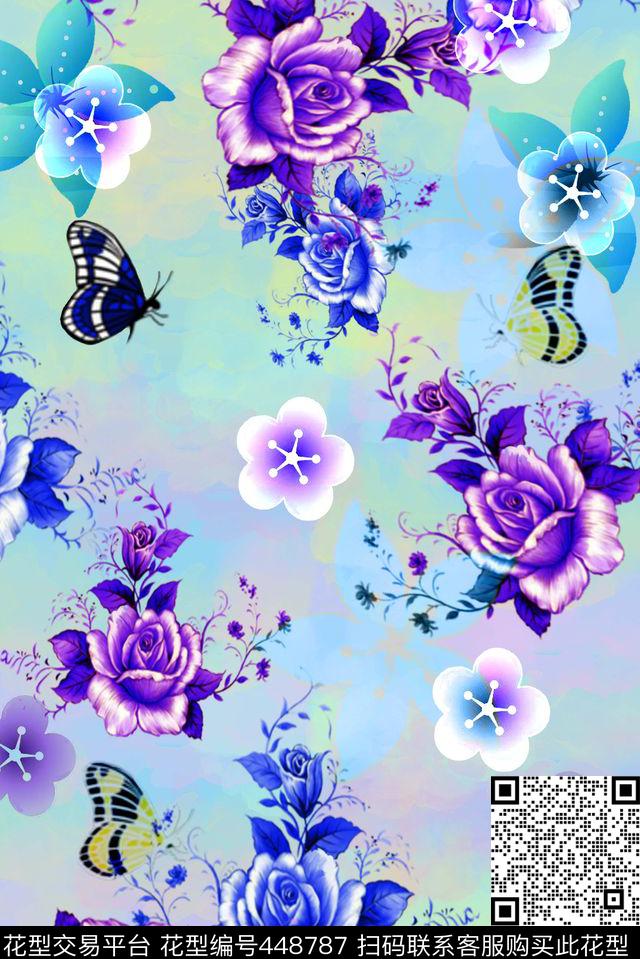 繁花 - 448787 - 现代 花卉 水彩 - 数码印花花型 － 女装花型设计 － 瓦栏