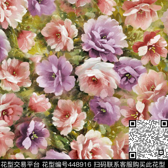 珊花烂漫 - 448916 - 服装 油画 花卉 - 数码印花花型 － 床品花型设计 － 瓦栏