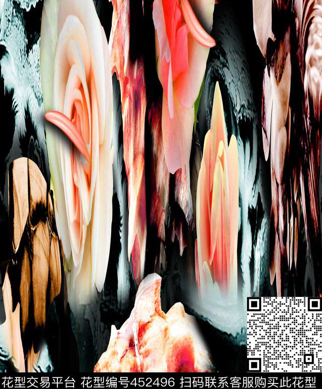 抽象花朵X6A1女装 短裙花型 女装面料 抽象 花 玫瑰 - 452496 - 花 抽象 欧美 - 数码印花花型 － 女装花型设计 － 瓦栏