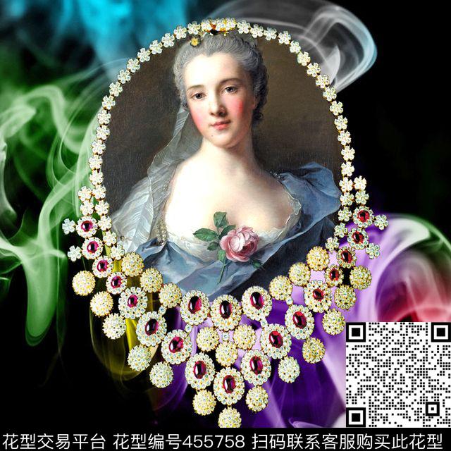 欧美时尚定位珠宝油画头像T恤创意花 - 455758 - MAX-珠宝花卉 欧美 油画头像珠宝 - 数码印花花型 － 女装花型设计 － 瓦栏