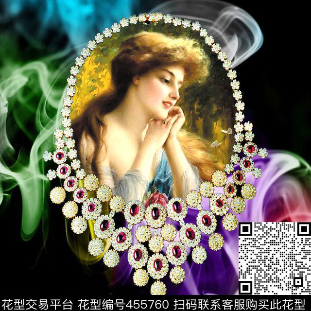 欧美时尚定位珠宝油画头像T恤创意花 - 455760 - MAX-珠宝花卉 欧美 油画头像珠宝 - 数码印花花型 － 女装花型设计 － 瓦栏