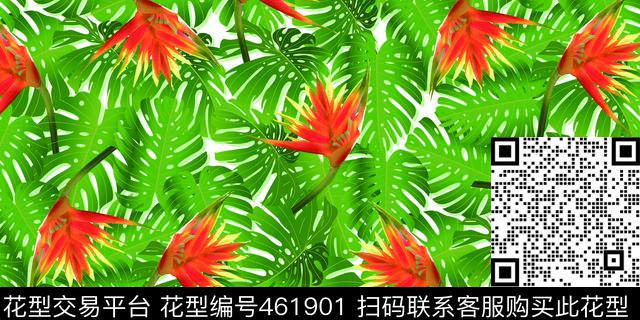 时尚花卉绿叶图 - 461901 - 棕榈叶 天堂鸟 植物花卉 - 数码印花花型 － 泳装花型设计 － 瓦栏