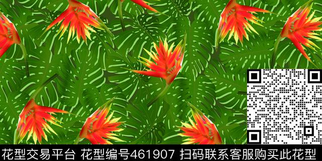 时尚花卉绿叶图 - 461907 - 棕榈叶 天堂鸟 植物花卉 - 数码印花花型 － 泳装花型设计 － 瓦栏