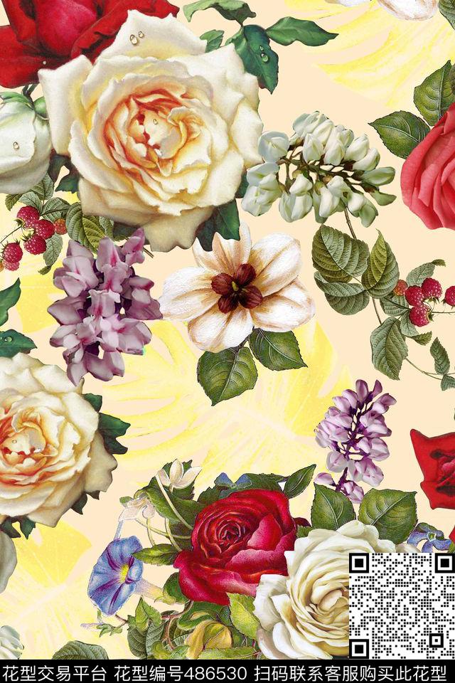复古时尚欧美油画花卉组合印花 - 486530 - 花卉 潮流大牌 梦幻底纹 - 数码印花花型 － 其他花型设计 － 瓦栏