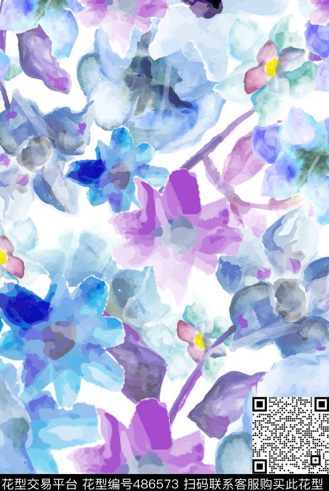 水彩花卉印花沙发布，窗帘印花花型 - 486573 - 水彩花卉 清新 自然 - 数码印花花型 － 沙发布花型设计 － 瓦栏