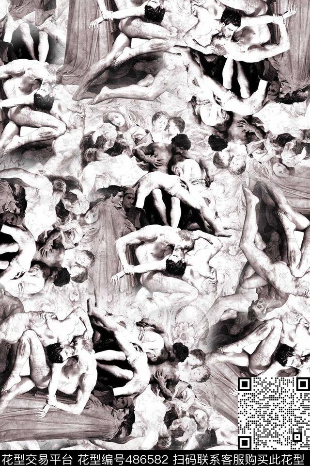 复古欧式人物素雅印花 - 486582 - 潮流大牌时尚 素雅人物油画 黑白人物抽象印花 - 数码印花花型 － 其他花型设计 － 瓦栏