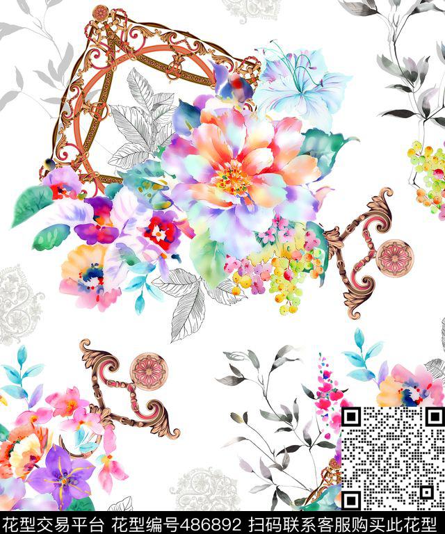 欧式复古宫廷风五彩斑斓花卉2 - 486892 - 植物花卉 宫廷复古风 花卉 - 数码印花花型 － 沙发布花型设计 － 瓦栏
