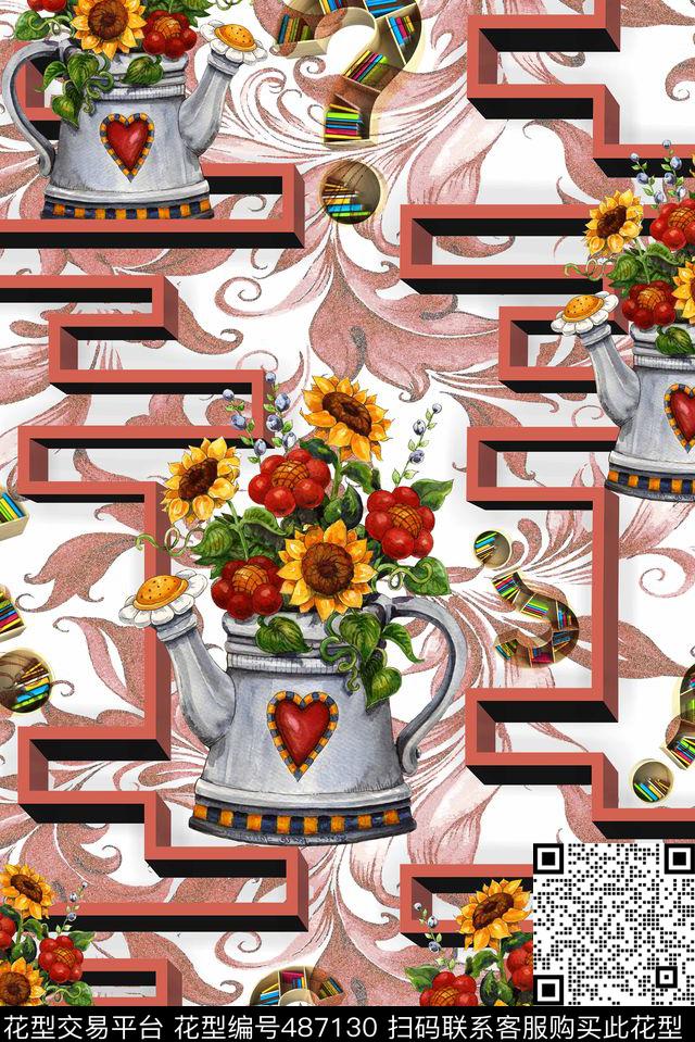 原创时尚欧式油画插画艺术个性书架印花 - 487130 - 花卉 茶壶花卉插画 女装 - 数码印花花型 － 其他花型设计 － 瓦栏