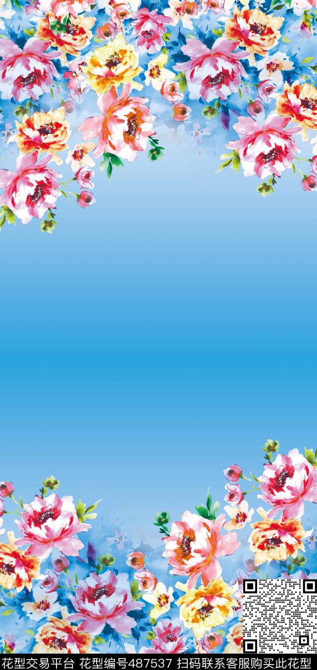 清新时尚丝绸花卉印花 - 487537 - 花卉 潮流大牌 手绘水彩花卉 - 数码印花花型 － 其他花型设计 － 瓦栏