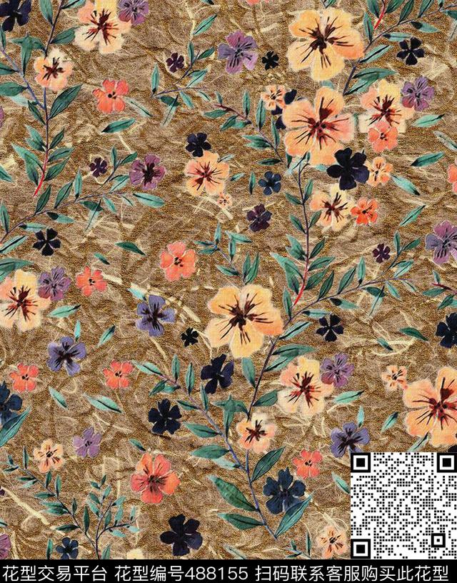 复古 石纹小碎花 花卉组合 沙发布 家纺 夹克 羽绒服 花型 - 488155 - 复古 花卉 夹克 - 数码印花花型 － 沙发布花型设计 － 瓦栏