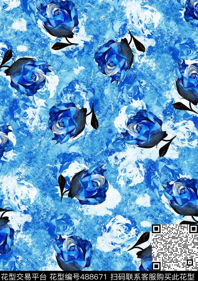 潮流时尚 玫瑰花 花卉 女装花型 - 488671 - 潮流时尚 夹克 玫瑰花 - 数码印花花型 － 沙发布花型设计 － 瓦栏
