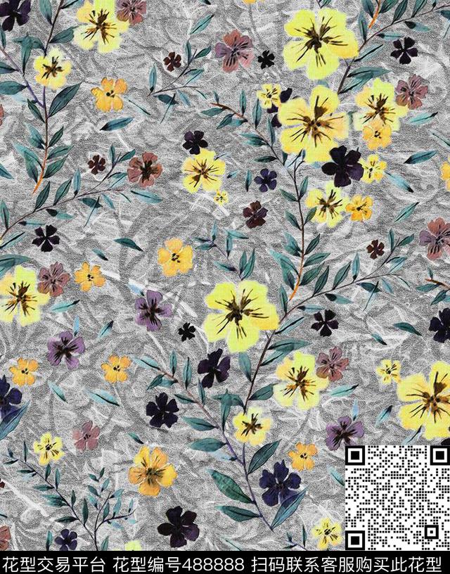 复古 石纹小碎花 花卉组合 沙发布 家纺 夹克 羽绒服 花型 - 488888 - 复古 花卉 夹克 - 数码印花花型 － 沙发布花型设计 － 瓦栏