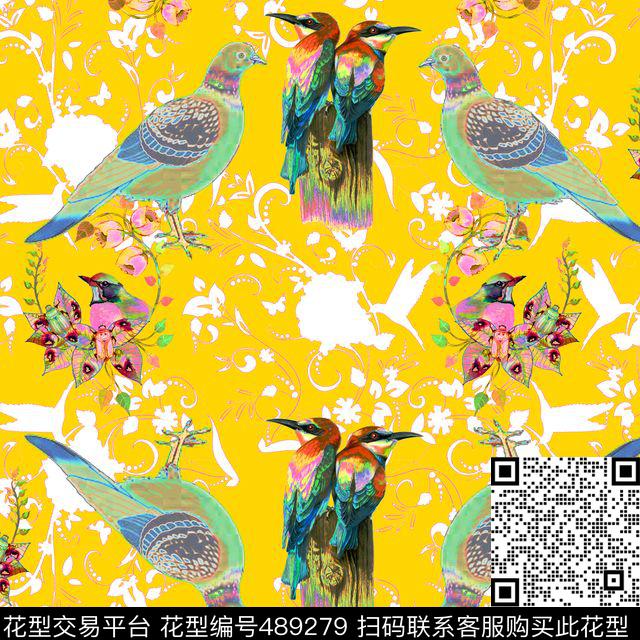 鸽子花鸟沙发布艺 - 489279 - 创意沙发布料图案 鸽子 花鸟 - 数码印花花型 － 沙发布花型设计 － 瓦栏