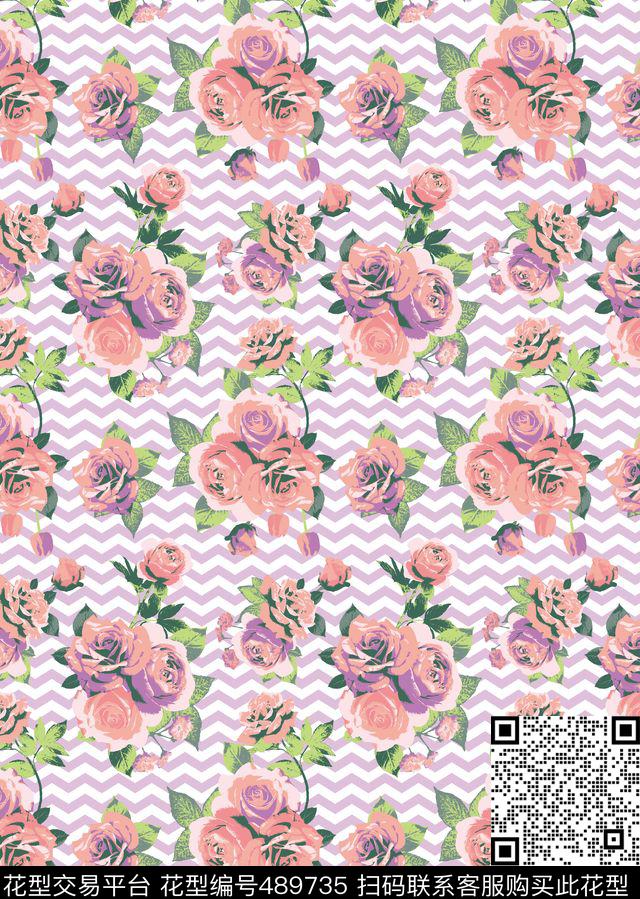 条纹 玫瑰花 - 489735 - 彩绘 叶子 花朵 花蕾 几何图形 家纺 服装 沙发布 高贵 大气 - 数码印花花型 － 沙发布花型设计 － 瓦栏