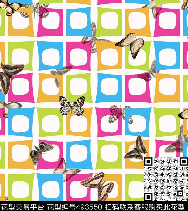 格子与蝴蝶 - 493550 - 格子 蝴蝶 几何 - 数码印花花型 － 沙发布花型设计 － 瓦栏