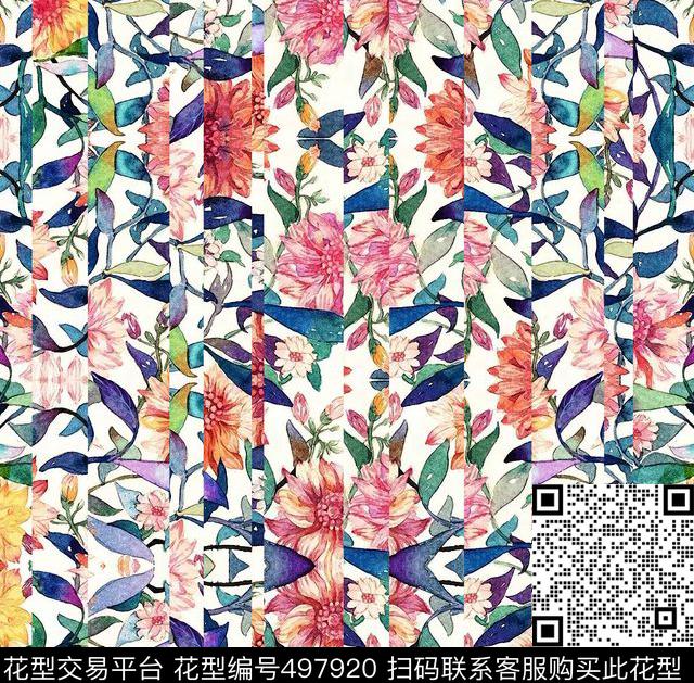 错位条纹花卉时尚花型 - 497920 - 花卉 复古 条纹 - 数码印花花型 － 沙发布花型设计 － 瓦栏