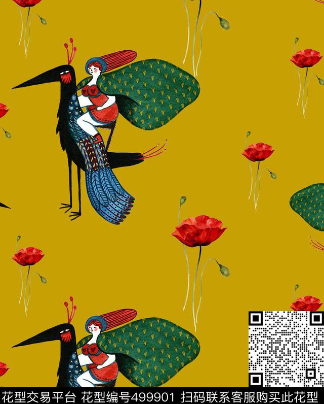 小红帽的奇幻之旅 - 499901 - 小红帽 卡通 动物 - 数码印花花型 － 女装花型设计 － 瓦栏