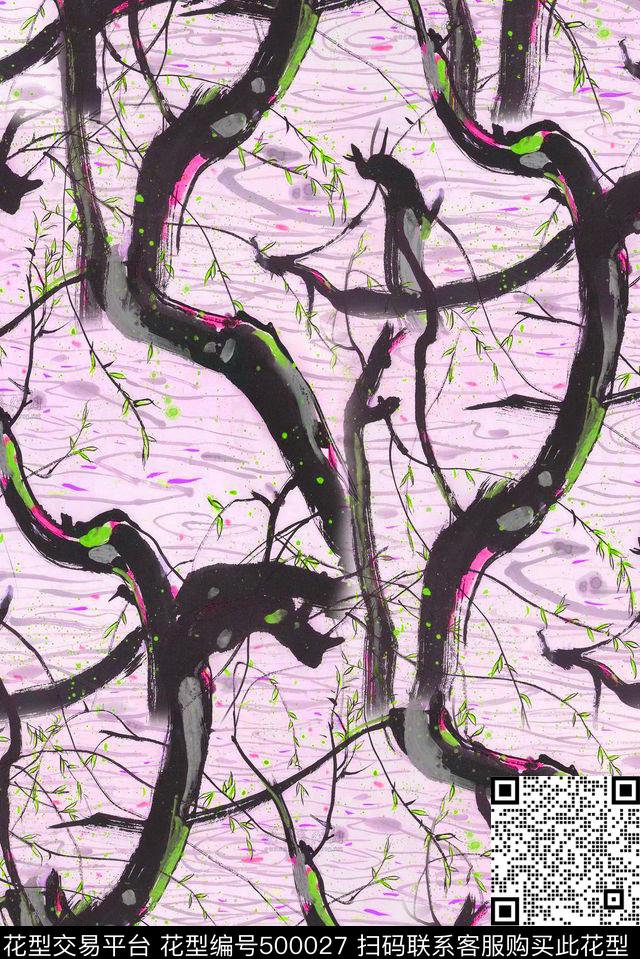 大气手绘 水墨树枝风景  - 500027 - 手绘 清爽 水墨风景 手绘 - 数码印花花型 － 女装花型设计 － 瓦栏
