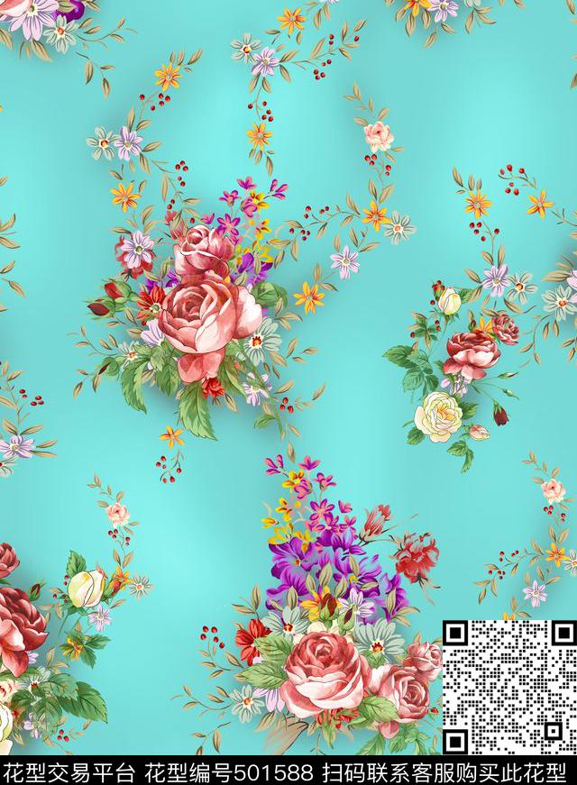 花卉集合家纺沙发布 - 501588 - 韩国 花卉 家纺 - 数码印花花型 － 沙发布花型设计 － 瓦栏