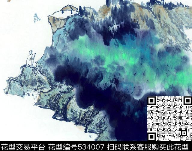 中国风 大写意 山水画  - 534007 - 中国风 中国风 大写意 山水画 意境  房子 树 男女装花型 - 数码印花花型 － 女装花型设计 － 瓦栏