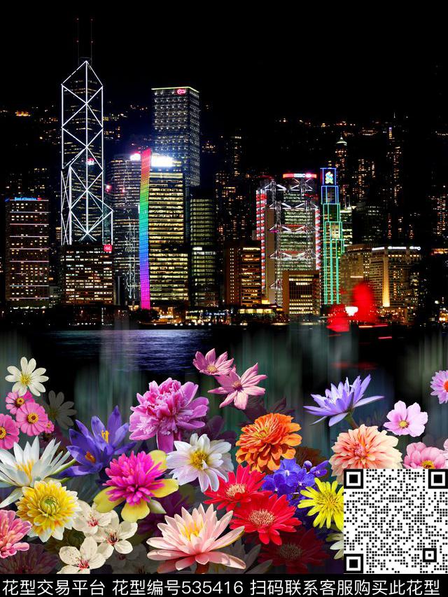 时尚大牌定位城市夜景花卉印花花型（CF0974） - 535416 - 城市夜景 定位 花卉 - 数码印花花型 － 女装花型设计 － 瓦栏