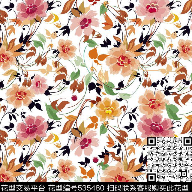 flower design - 535480 - textile design printing - 传统印花花型 － 床品花型设计 － 瓦栏