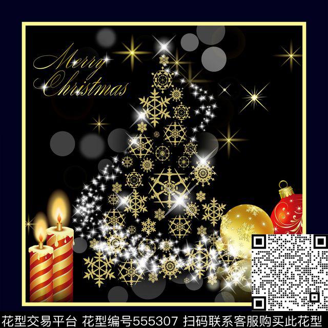 圣诞节方巾 - 555307 - 灯光 蜡烛 圣诞树 - 数码印花花型 － 方巾花型设计 － 瓦栏