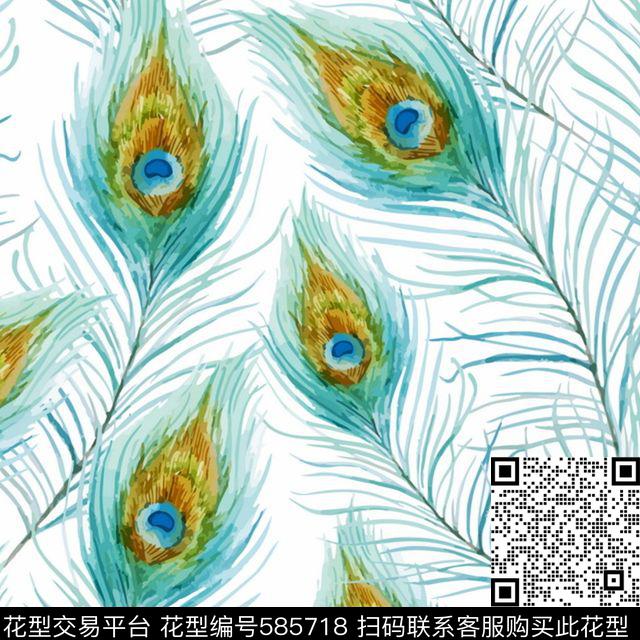 手绘羽毛 - 585718 - 动物纹 孔雀 羽毛 - 数码印花花型 － 女装花型设计 － 瓦栏