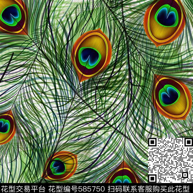 孔雀恋羽 - 585750 - 动物纹 动物皮毛 - 数码印花花型 － 女装花型设计 － 瓦栏