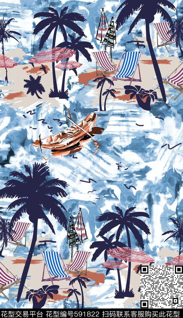 热带海滩棕榈椰树花型 - 591822 - 热带 海滩 椰树 - 数码印花花型 － 男装花型设计 － 瓦栏